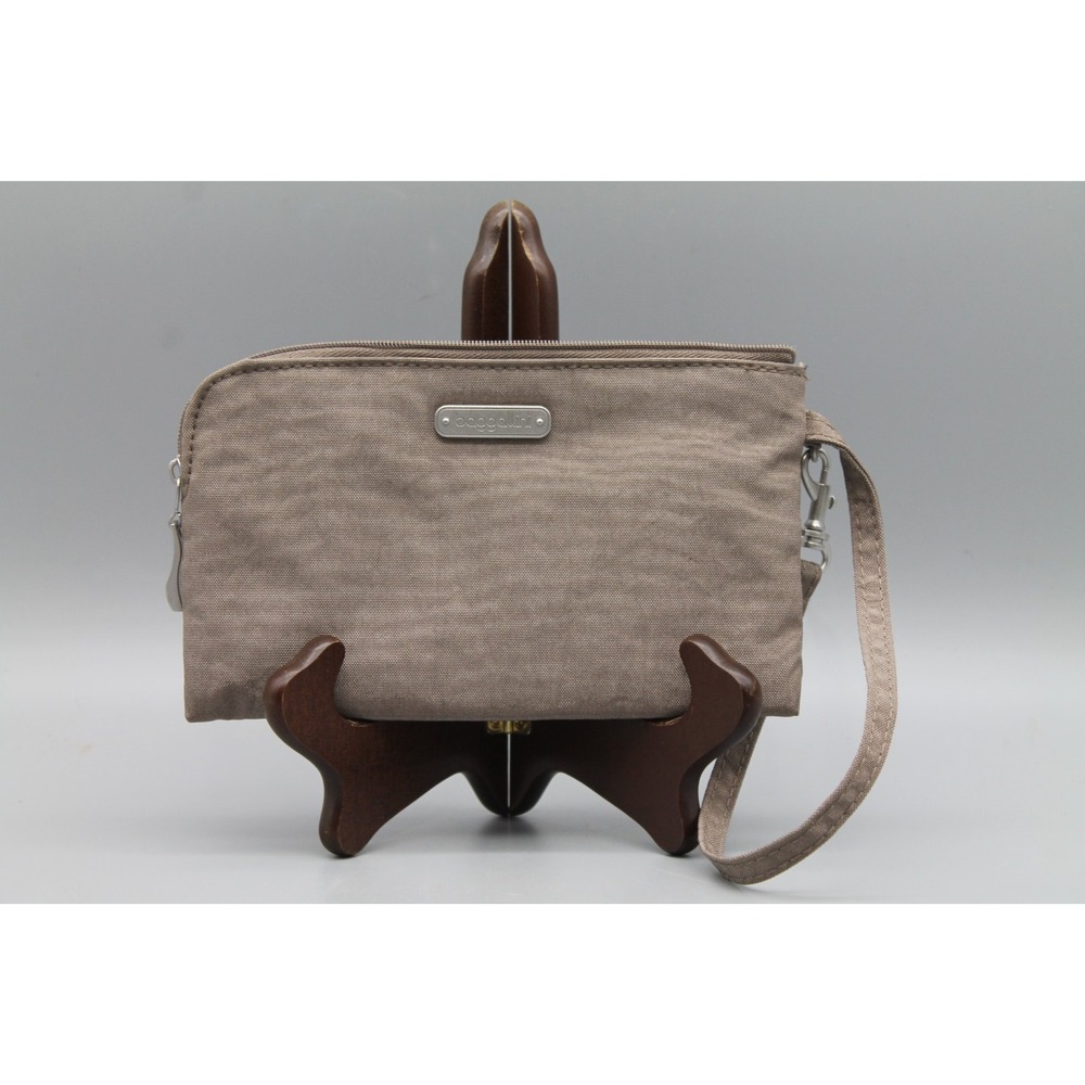 Baggallini Wristlet Wallet Organizer Taupe Brown Nylon Zip Travel Clutch RFID